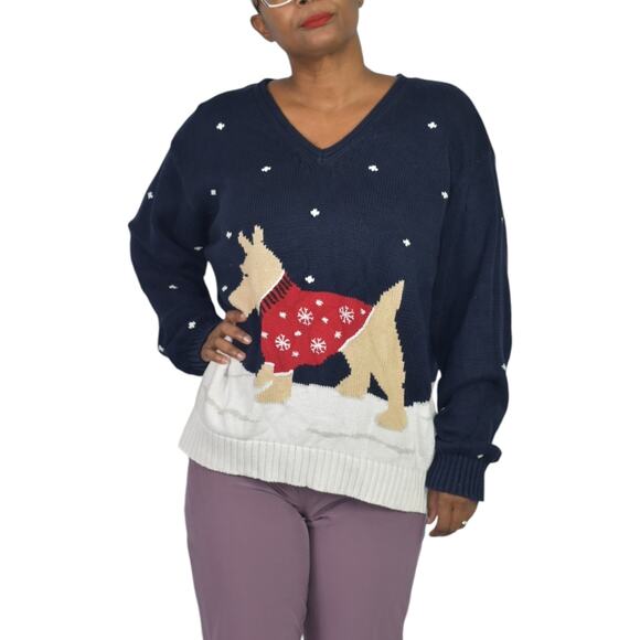 Liz Claiborne Christmas Sweater Blue Vintage Dog Scottie Snow Holiday Festive XL - Picture 12 of 14